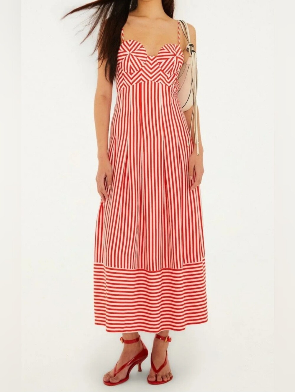 Farm Rio Midi Dress.  Red And White Vertical Strips